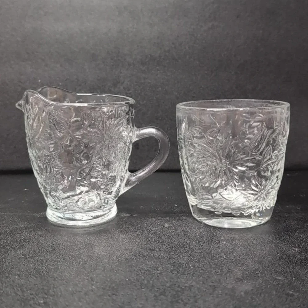 Princess House Fantasia Open Sugar Bowl‎ & Creamer Set #5242, Etched Poinsettias